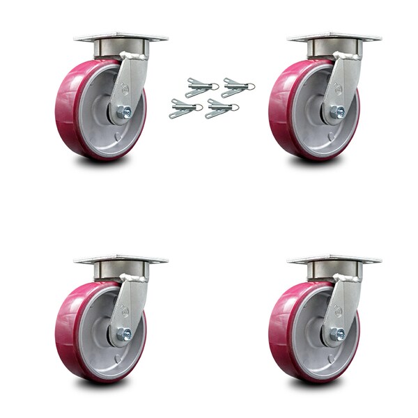 6 Inch Kingpinless Poly on Aluminum Wheel Swivel Caster Set with Swivel Locks